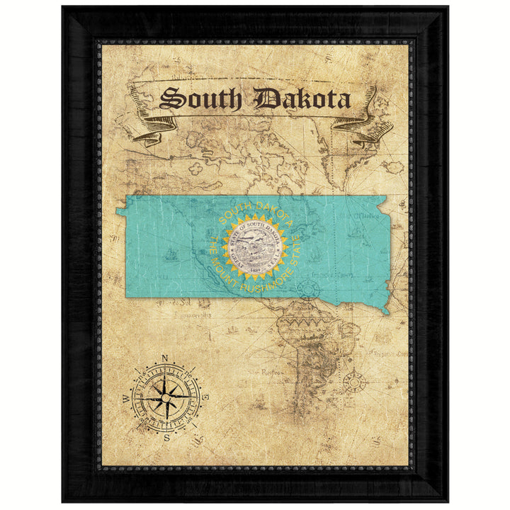 South Dakota State Flag  Vintage Map Canvas Print with Picture Frame  Wall Art Decoration Gift Ideas Image 1