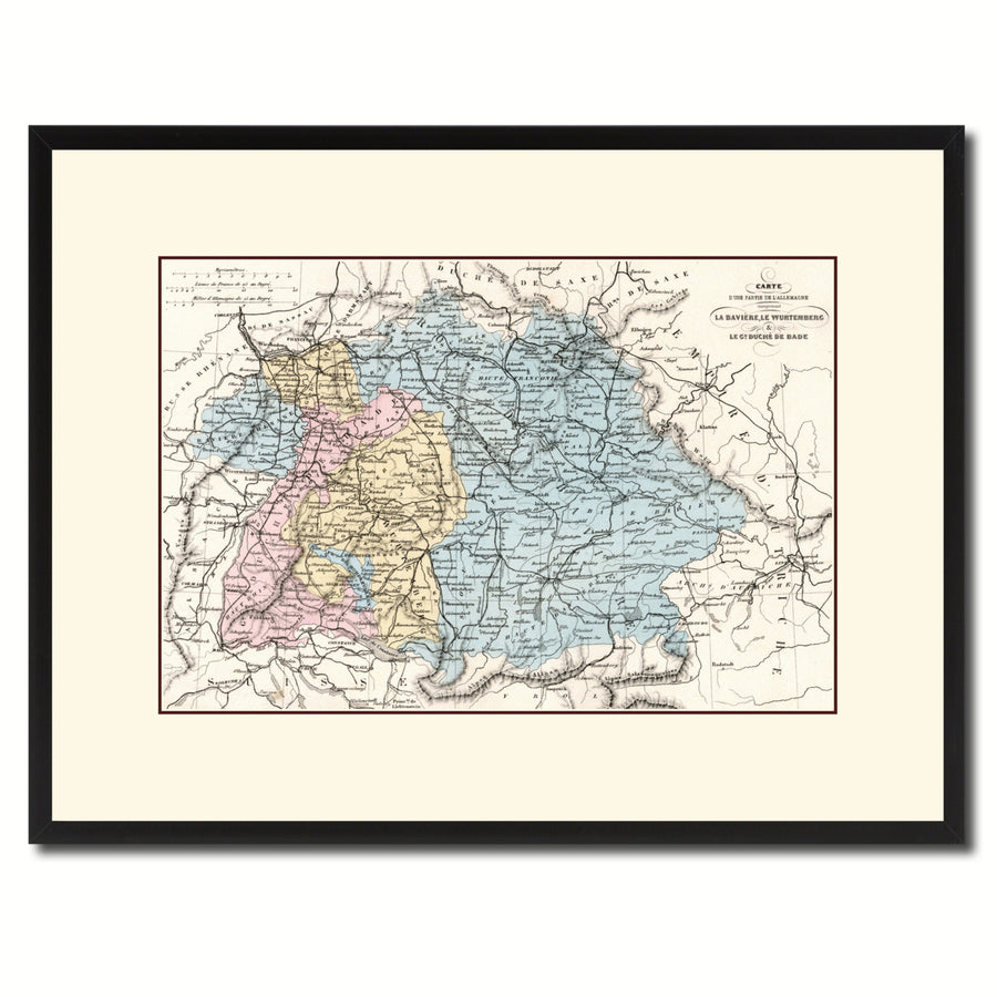 Southern Germany: Bavaria Wurttemberg Hesse Vintage Antique Map  Canvas Print Custom Picture Frame Wall Art  Gift Ideas Image 1