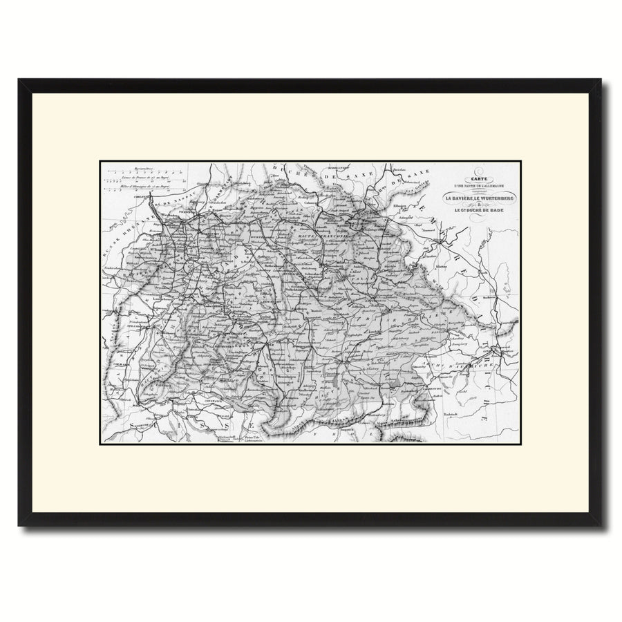 Southern Germany: Bavaria Wurttemberg Hesse Vintage BandW Map Canvas Print Custom Picture Frame Wall Art  Gift Ideas Image 1