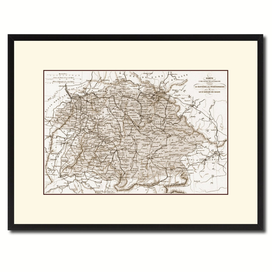 Southern Germany: Bavaria Wurttemberg Hesse Vintage Sepia Map Canvas Print Custom Picture Frame Wall Art  Gift Ideas Image 1
