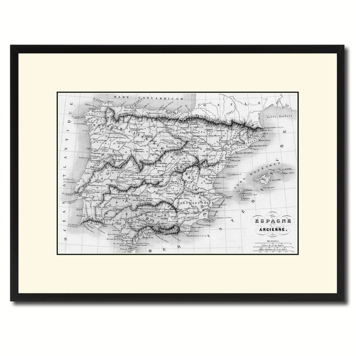 Spain Portugal Vintage BandW Map Canvas Print with Picture Frame  Wall Art Gift Ideas Image 1