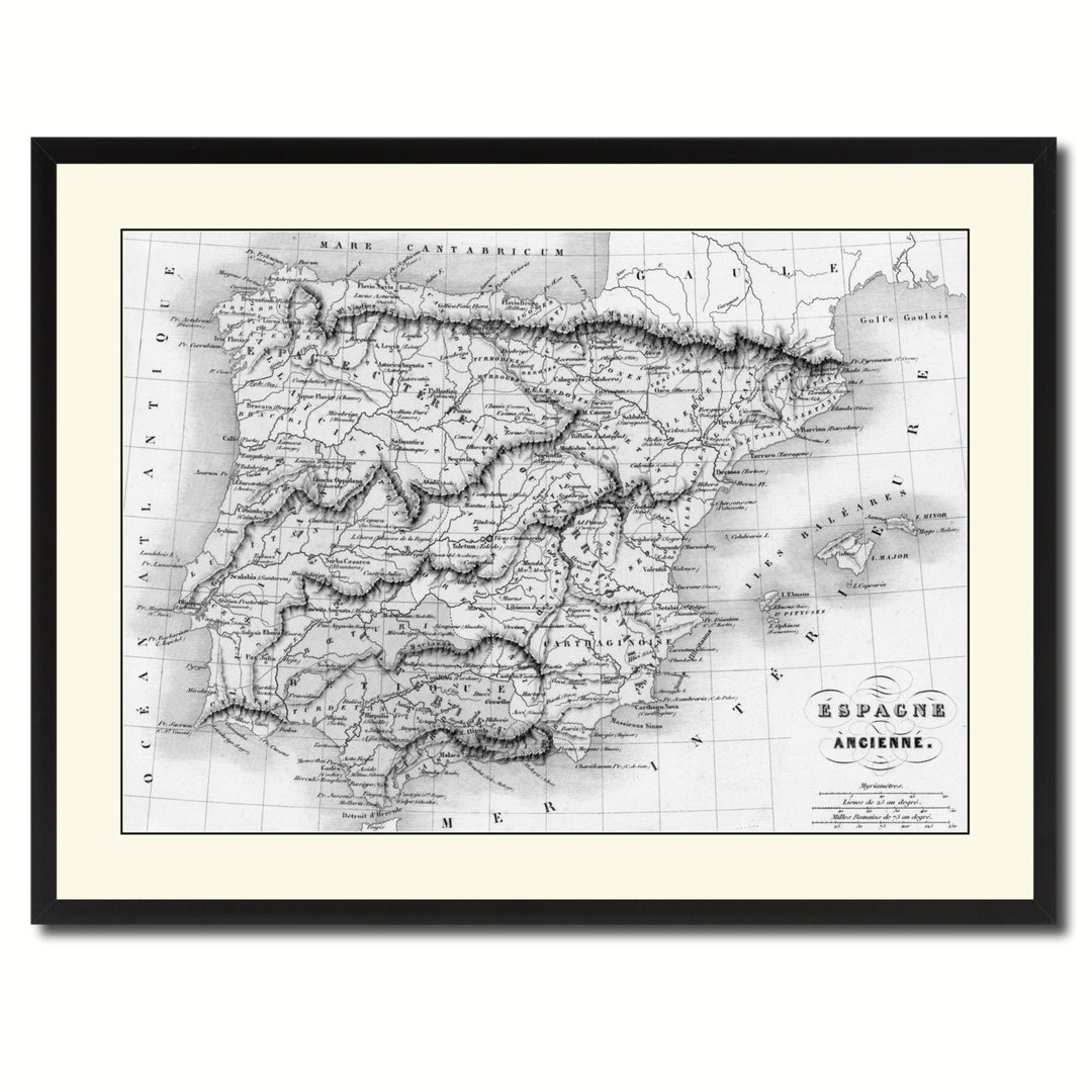 Spain Portugal Vintage BandW Map Canvas Print with Picture Frame  Wall Art Gift Ideas Image 2
