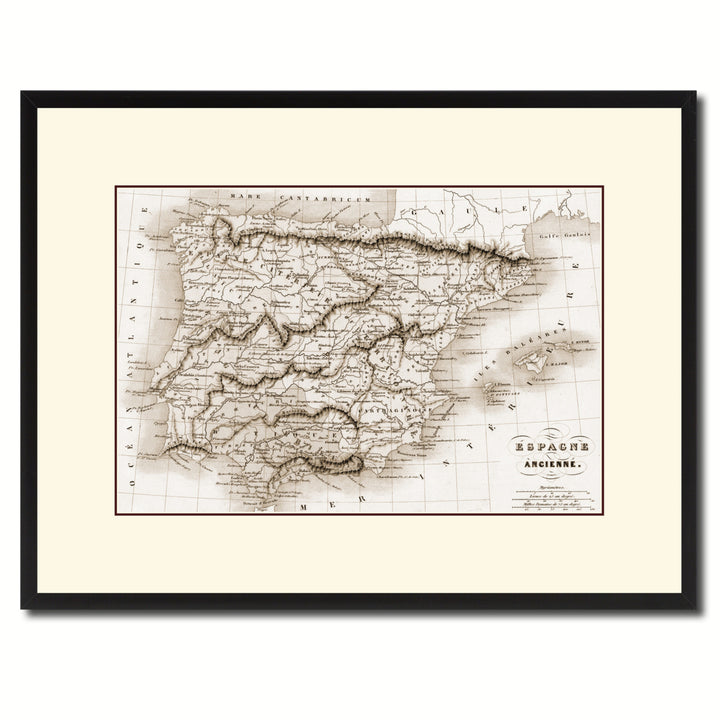 Spain Portugal Vintage Sepia Map Canvas Print with Picture Frame Gifts  Wall Art Decoration Image 1