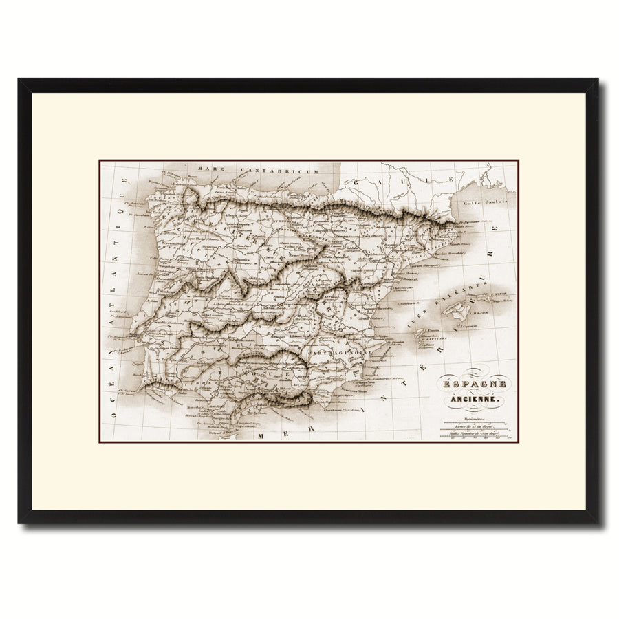 Spain Portugal Vintage Sepia Map Canvas Print with Picture Frame Gifts  Wall Art Decoration Image 1