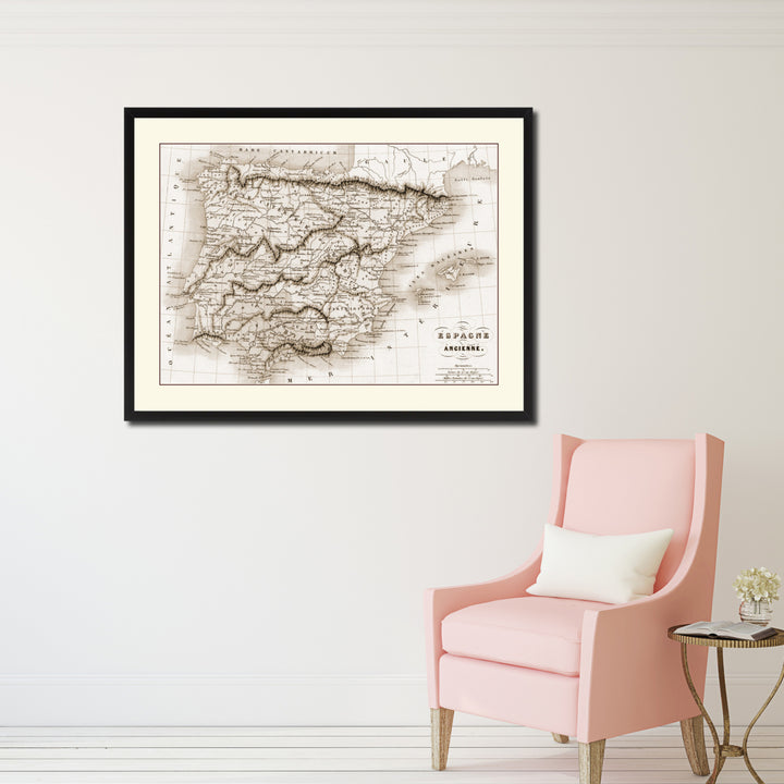 Spain Portugal Vintage Sepia Map Canvas Print with Picture Frame Gifts  Wall Art Decoration Image 2
