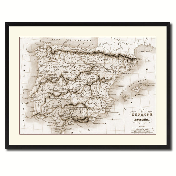 Spain Portugal Vintage Sepia Map Canvas Print with Picture Frame Gifts  Wall Art Decoration Image 3