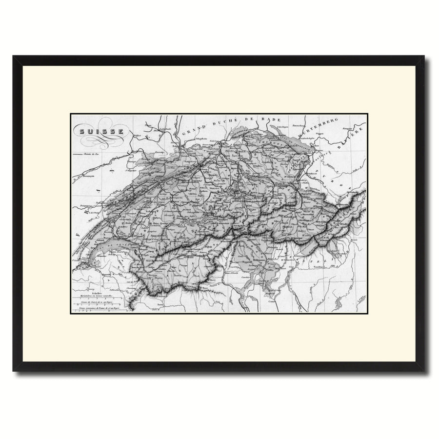 Switzerland Vintage BandW Map Canvas Print with Picture Frame  Wall Art Gift Ideas Image 1