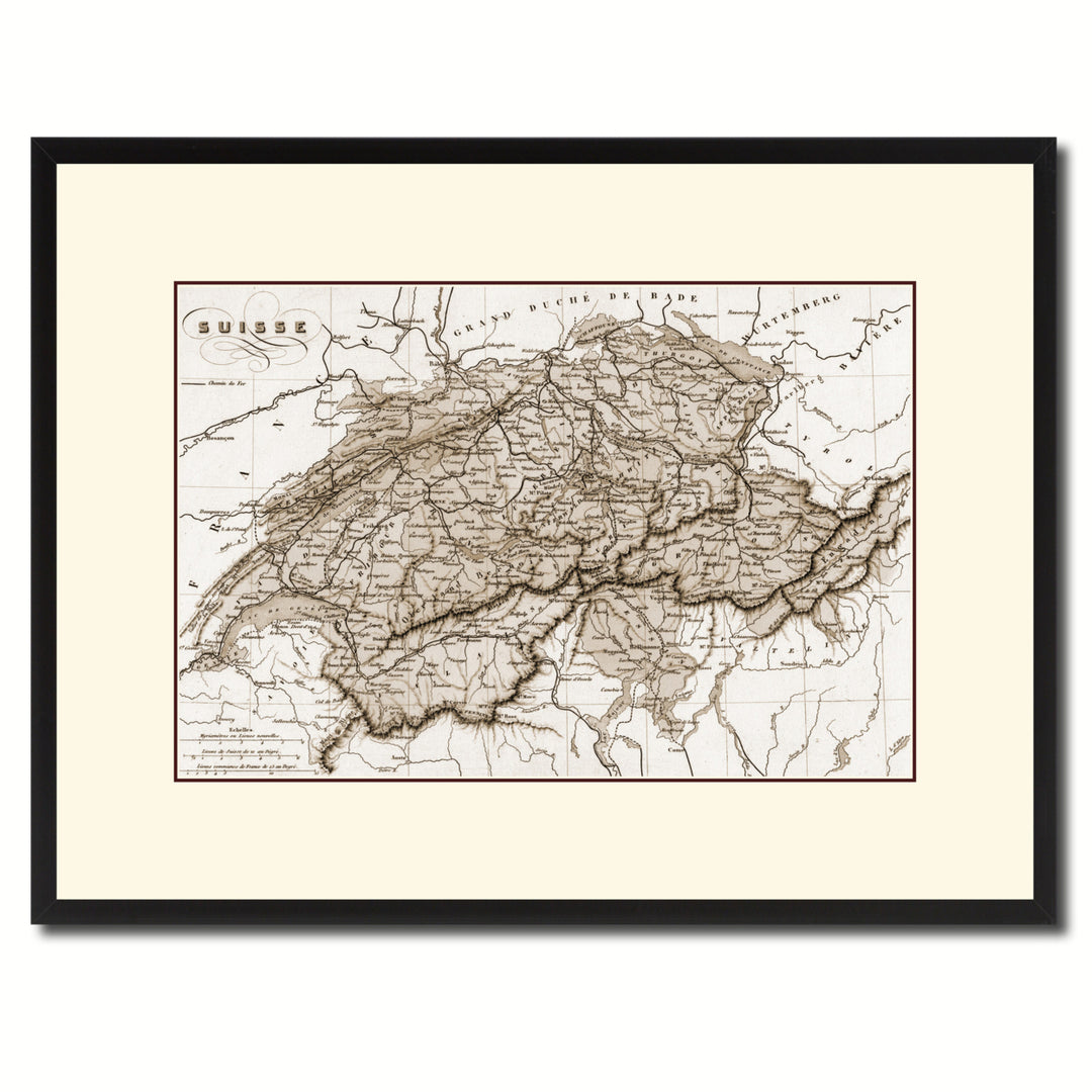 Switzerland Vintage Sepia Map Canvas Print with Picture Frame Gifts  Wall Art Decoration Image 1