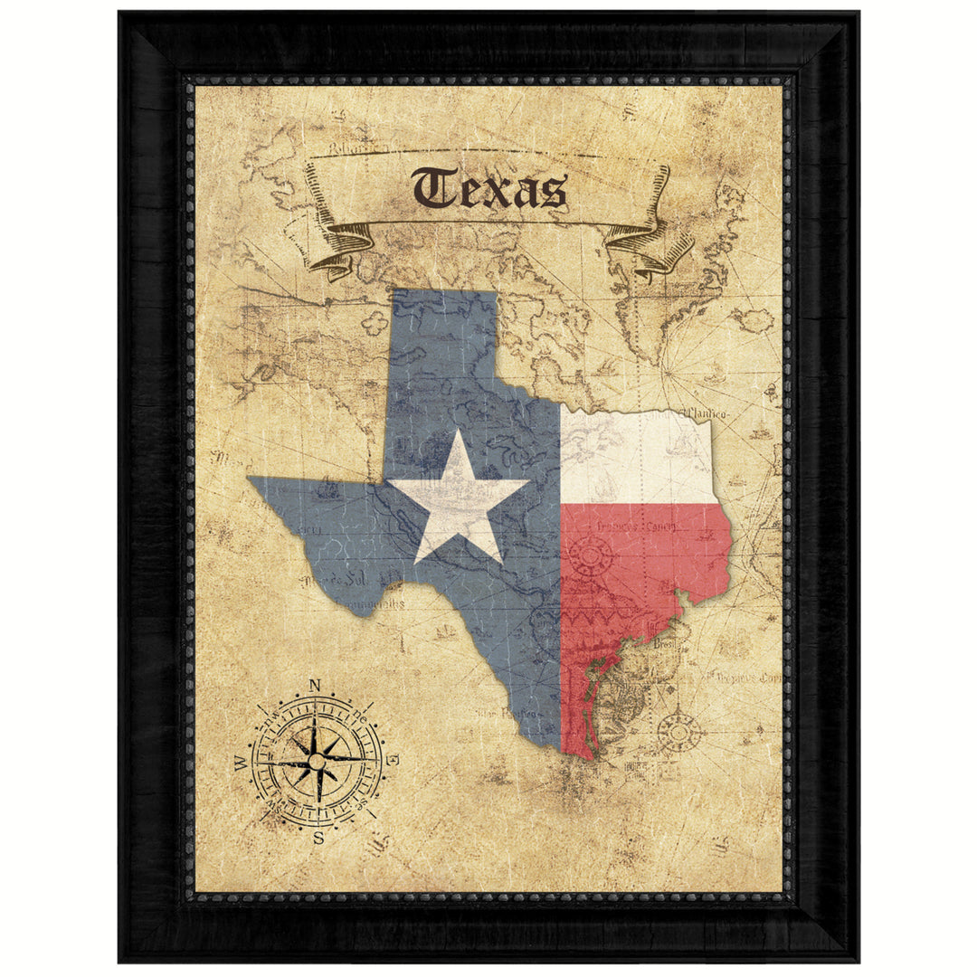 Texas State Flag  Vintage Map Canvas Print with Picture Frame  Wall Art Decoration Gift Ideas Image 1