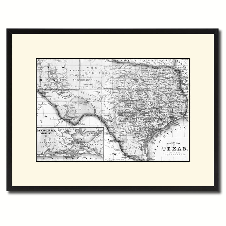 Texas Vintage BandW Map Canvas Print with Picture Frame  Wall Art Gift Ideas Image 1