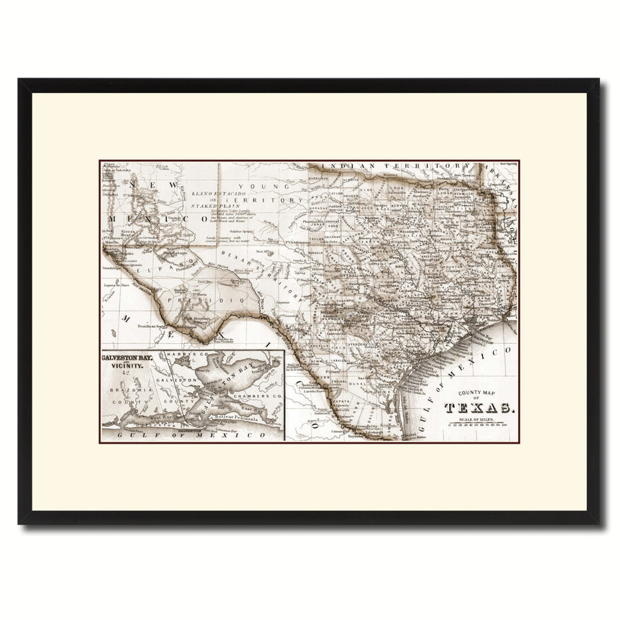 Texas Vintage Sepia Map Canvas Print with Picture Frame Gifts  Wall Art Decoration Image 1