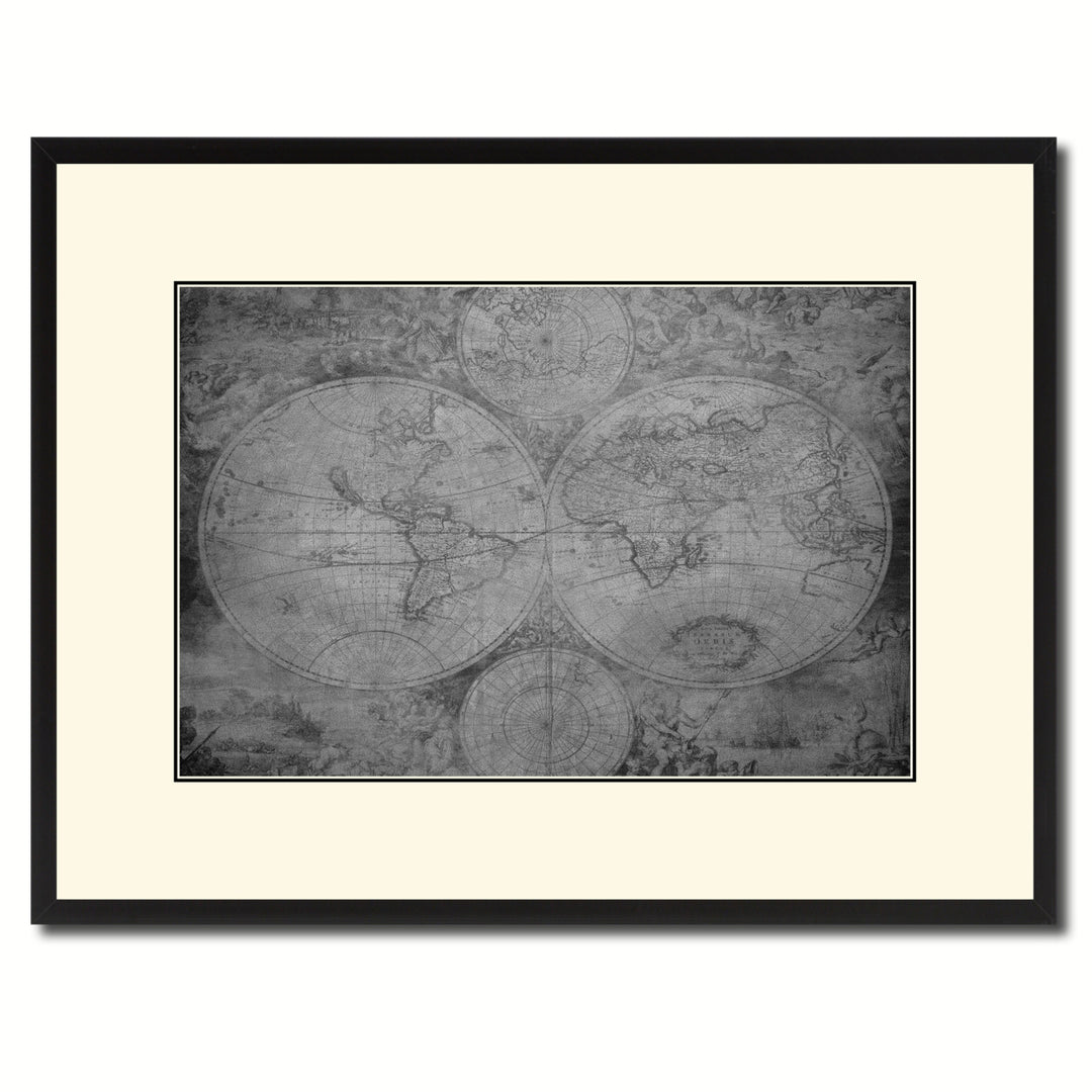The World Circa Vintage BandW Map Canvas Print with Picture Frame  Wall Art Gift Ideas Image 1