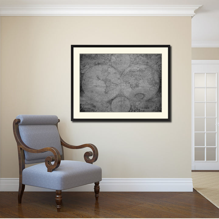 The World Circa Vintage BandW Map Canvas Print with Picture Frame  Wall Art Gift Ideas Image 2