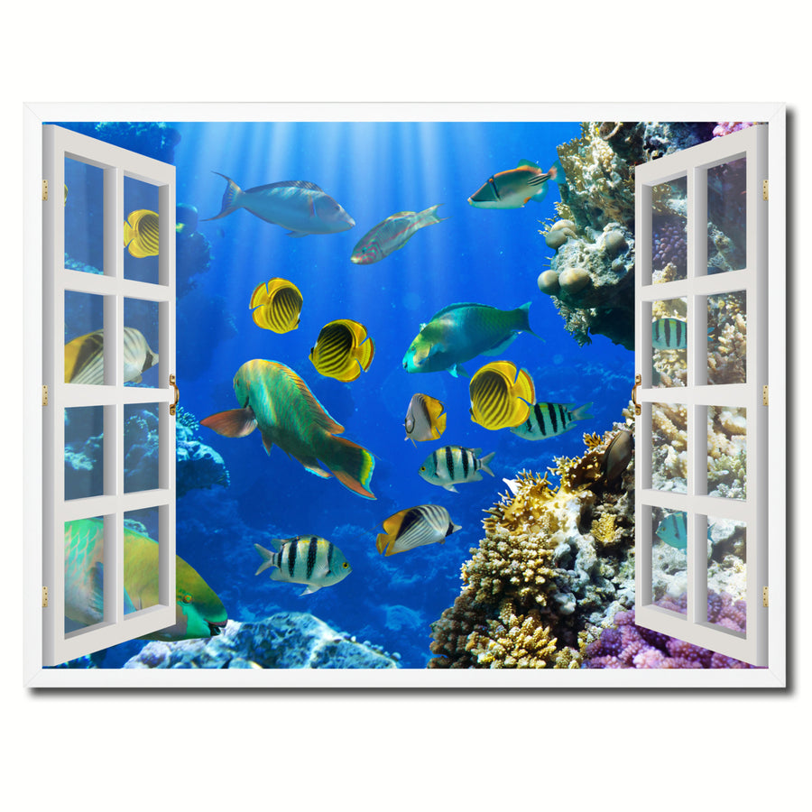 Tropical Fishes Picture 3D French Window Canvas Print  Wall Frame Image 1