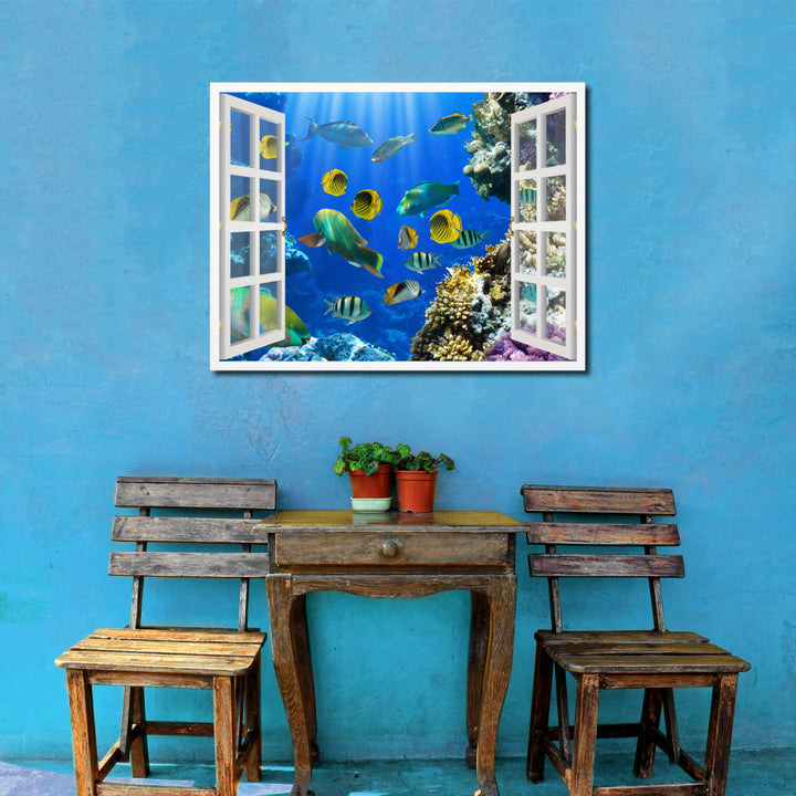 Tropical Fishes Picture 3D French Window Canvas Print  Wall Frame Image 2