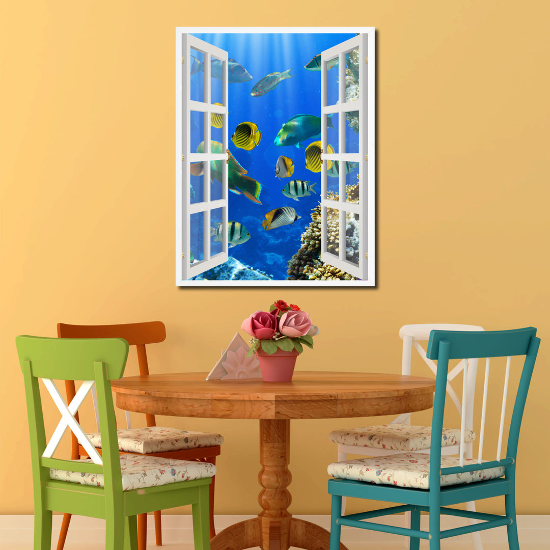 Tropical Fishes Picture 3D French Window Canvas Print Gifts  Wall Frame Image 2