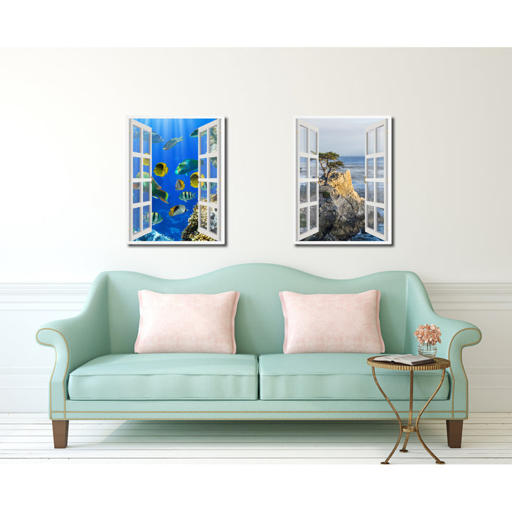 Tropical Fishes Picture 3D French Window Canvas Print Gifts  Wall Frame Image 3