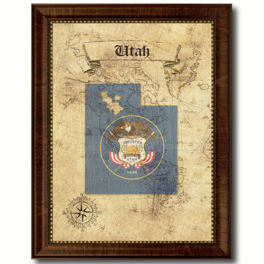 Utah State Flag  Vintage Map Canvas Print with Picture Frame  Wall Art Decoration Gift Ideas Image 1