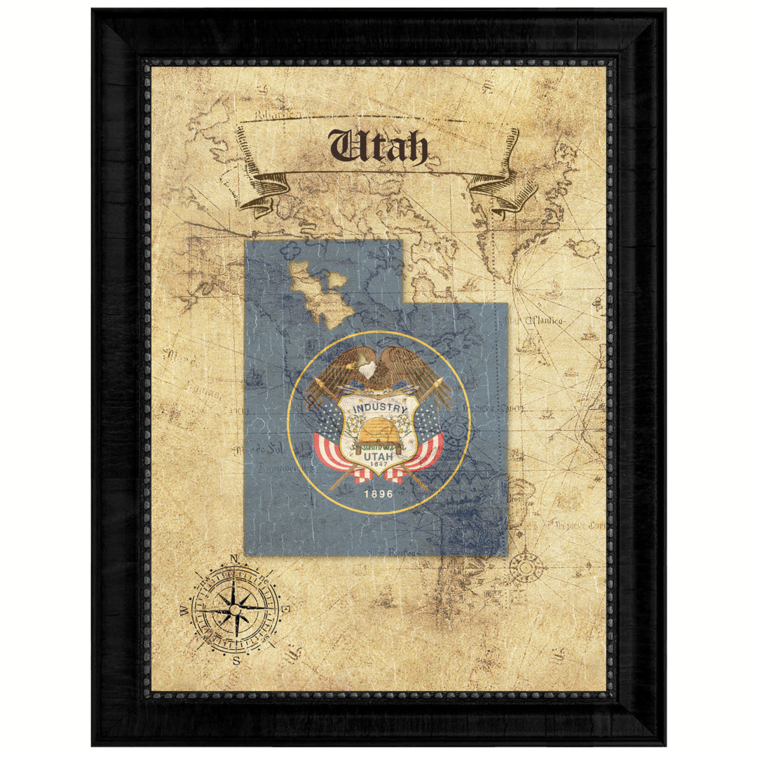 Utah State Flag  Vintage Map Canvas Print with Picture Frame  Wall Art Decoration Gift Ideas Image 1