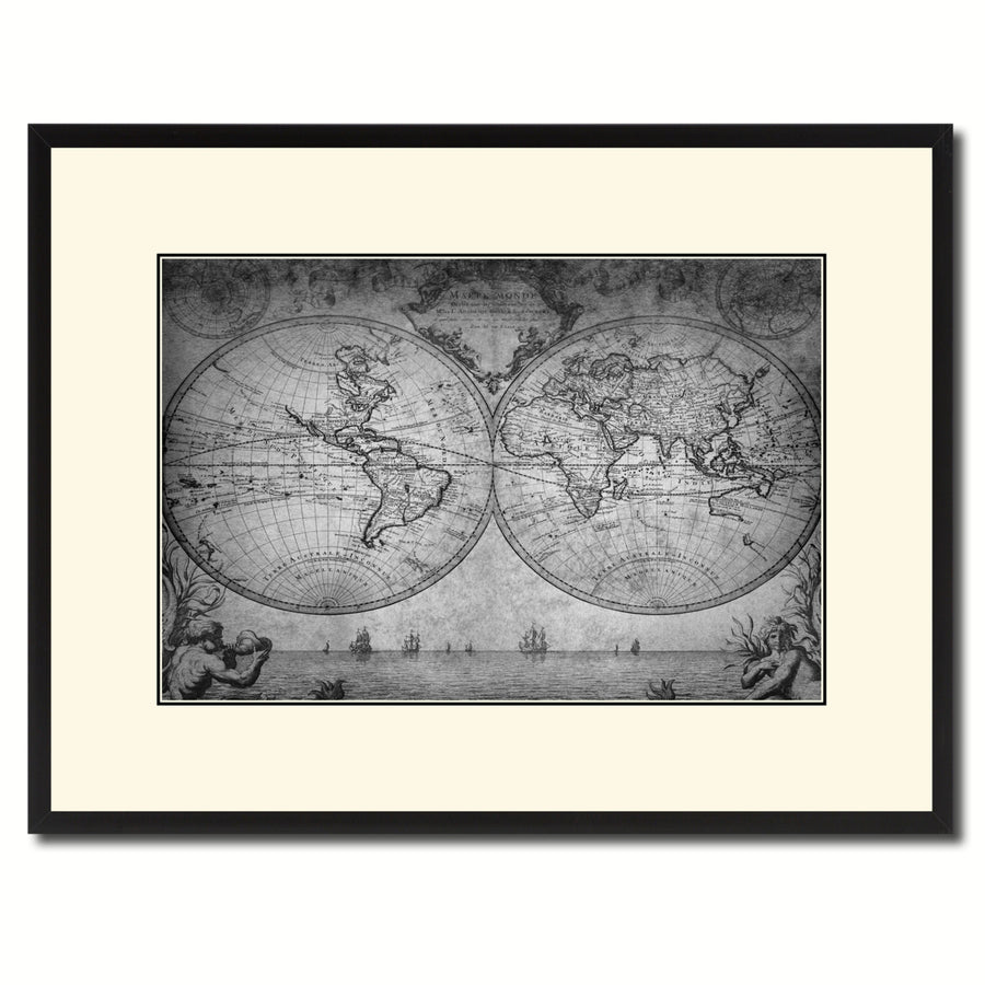 Vintage World Vintage BandW Map Canvas Print with Picture Frame  Wall Art Gift Ideas Image 1