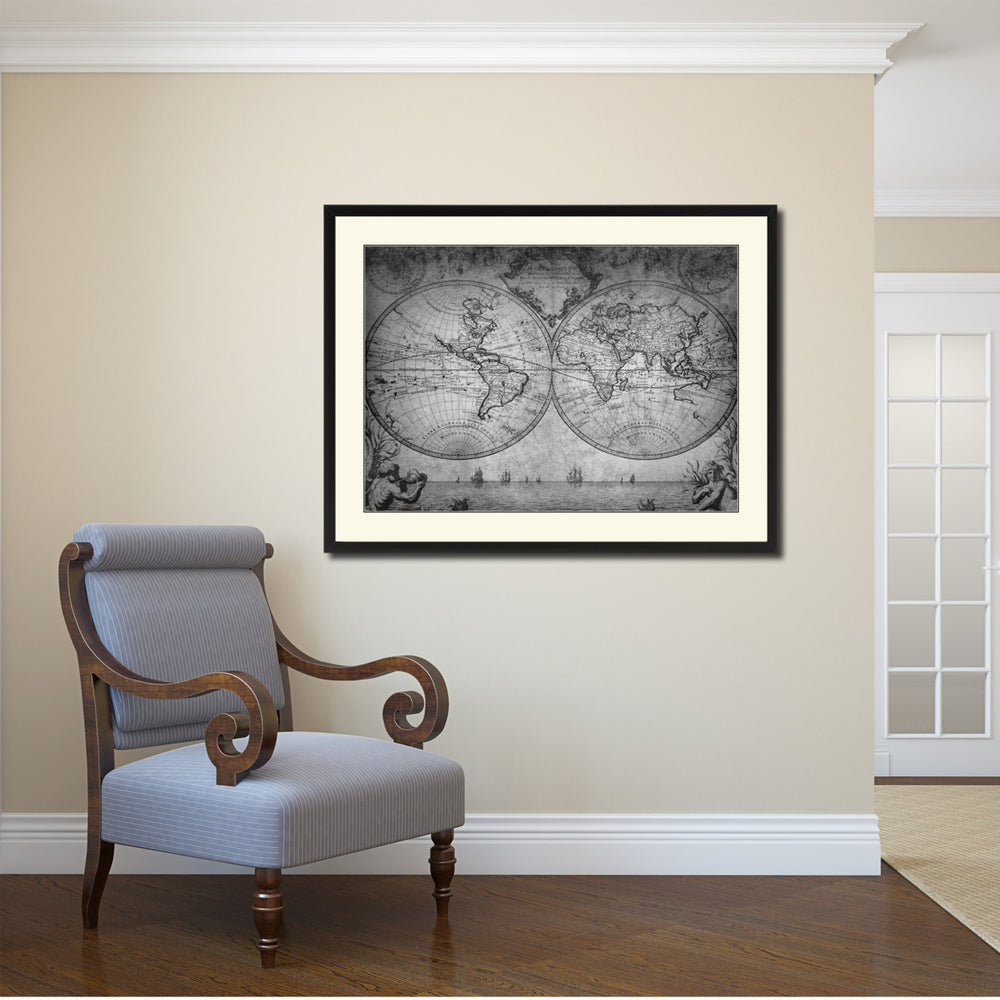 Vintage World Vintage BandW Map Canvas Print with Picture Frame  Wall Art Gift Ideas Image 2