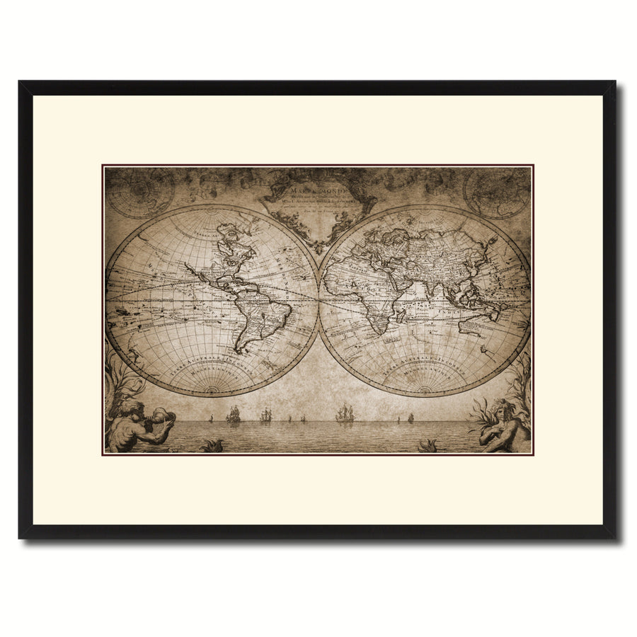 Vintage World Old  Sepia Map Canvas Print with Picture Frame Gifts  Wall Art Decoration Image 1