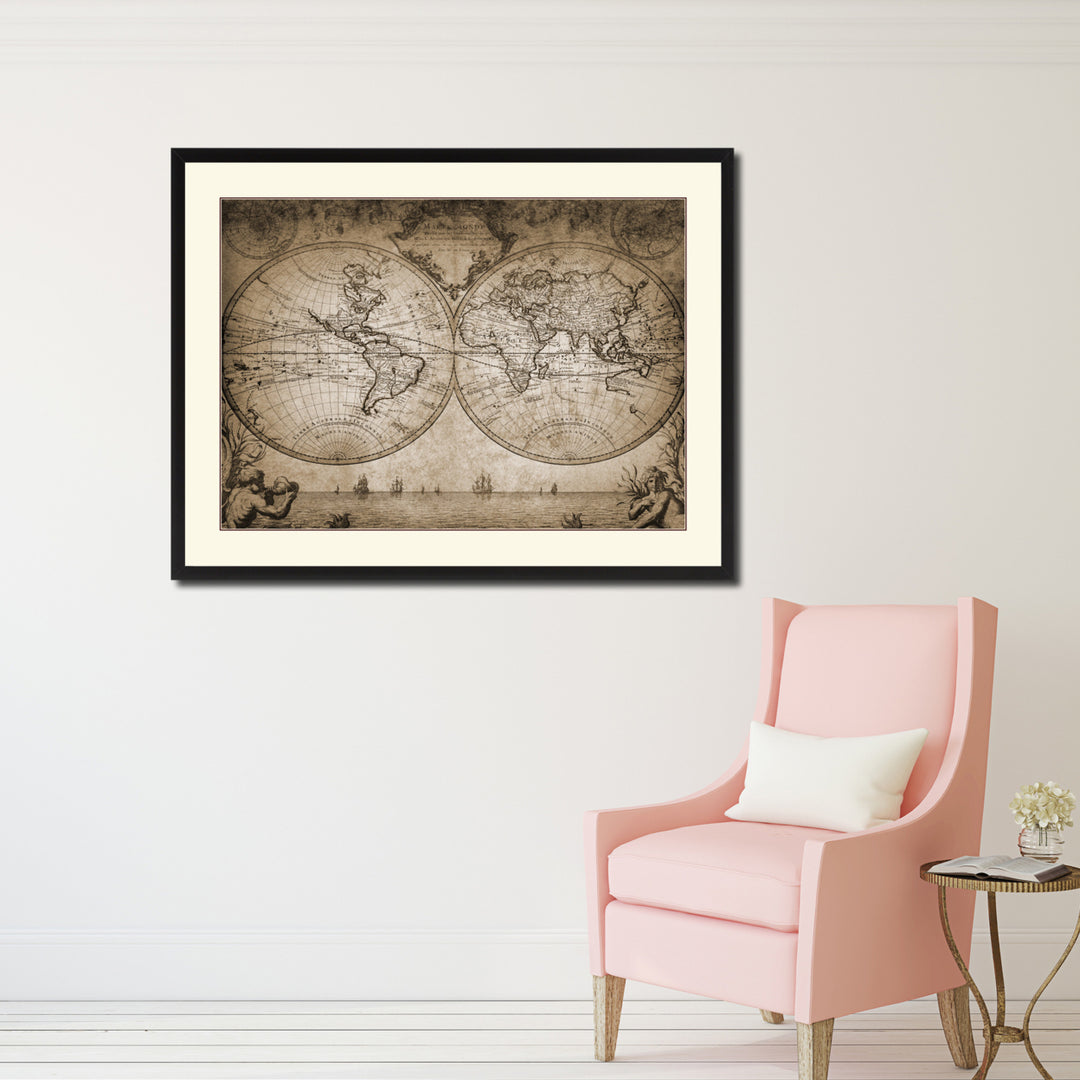 Vintage World Old  Sepia Map Canvas Print with Picture Frame Gifts  Wall Art Decoration Image 2