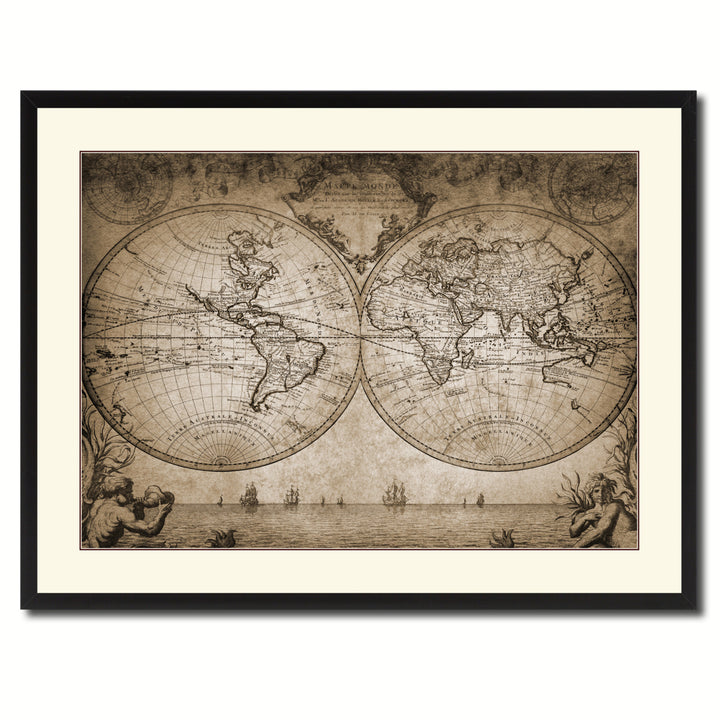 Vintage World Old  Sepia Map Canvas Print with Picture Frame Gifts  Wall Art Decoration Image 3