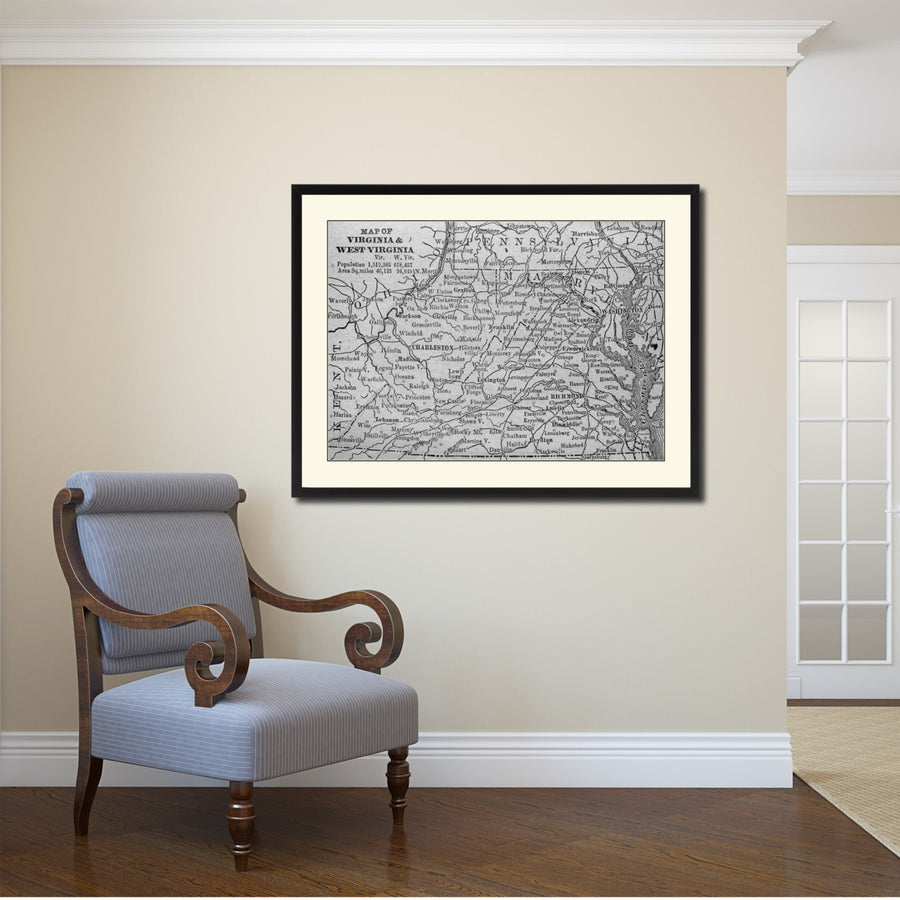 West Virginia Vintage BandW Map Canvas Print with Picture Frame  Wall Art Gift Ideas Image 1