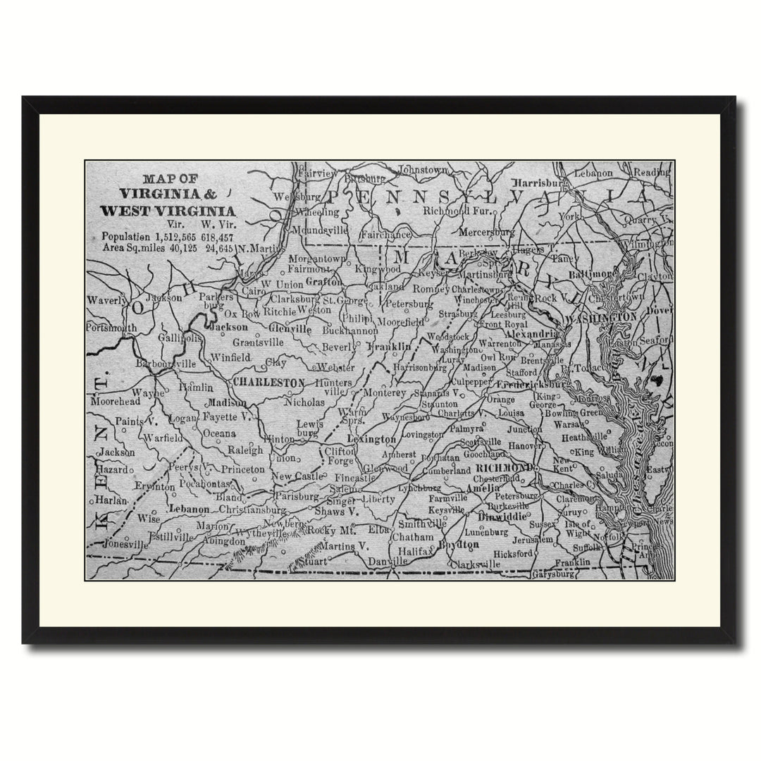 West Virginia Vintage BandW Map Canvas Print with Picture Frame  Wall Art Gift Ideas Image 2