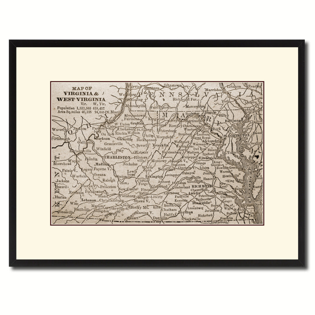 Virginia West Virginia Vintage Sepia Map Canvas Print with Picture Frame Gifts  Wall Art Decoration Image 1