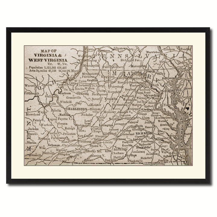 Virginia West Virginia Vintage Sepia Map Canvas Print with Picture Frame Gifts  Wall Art Decoration Image 3