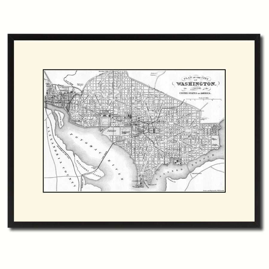 Washington DC Vintage BandW Map Canvas Print with Picture Frame  Wall Art Gift Ideas Image 1