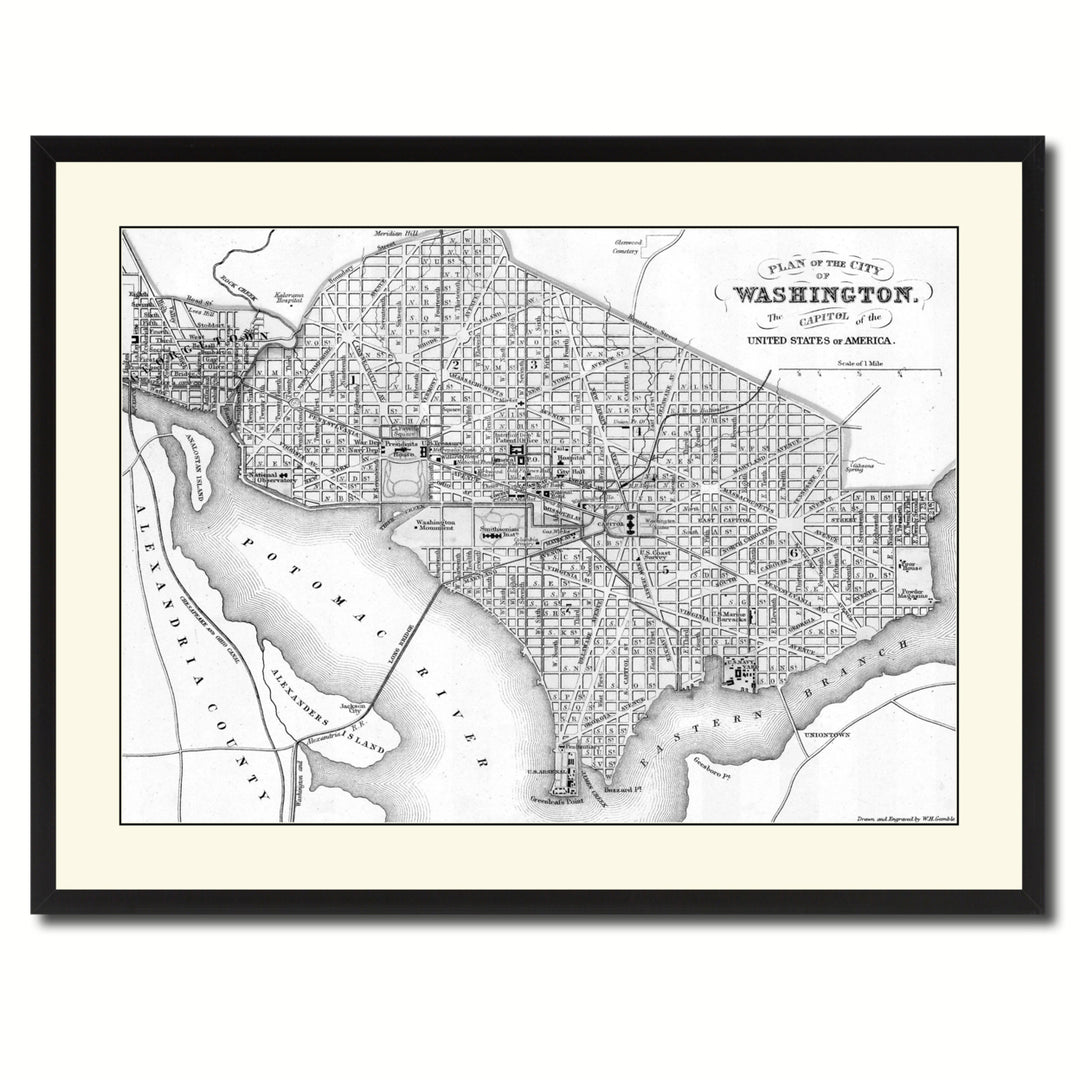 Washington DC Vintage BandW Map Canvas Print with Picture Frame  Wall Art Gift Ideas Image 3
