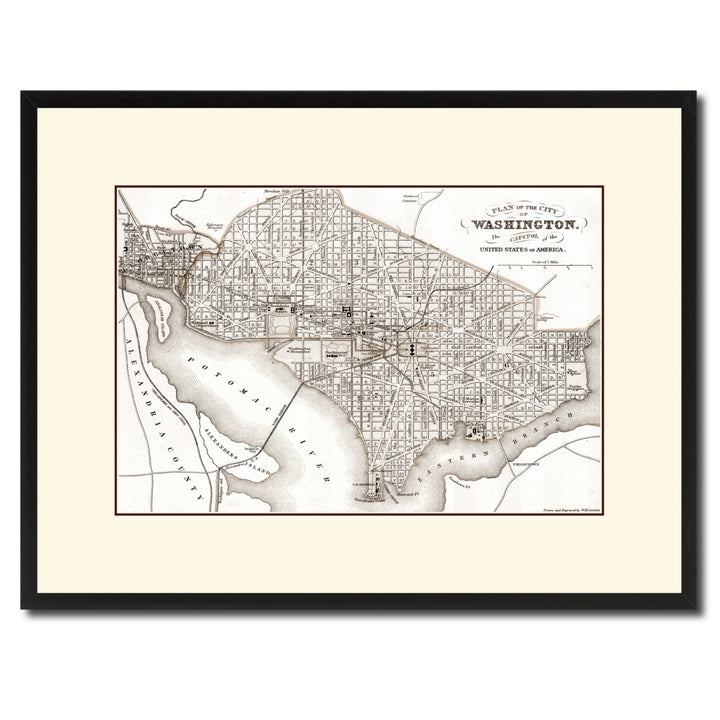 Washington DC Vintage Sepia Map Canvas Print with Picture Frame Gifts  Wall Art Decoration Image 1