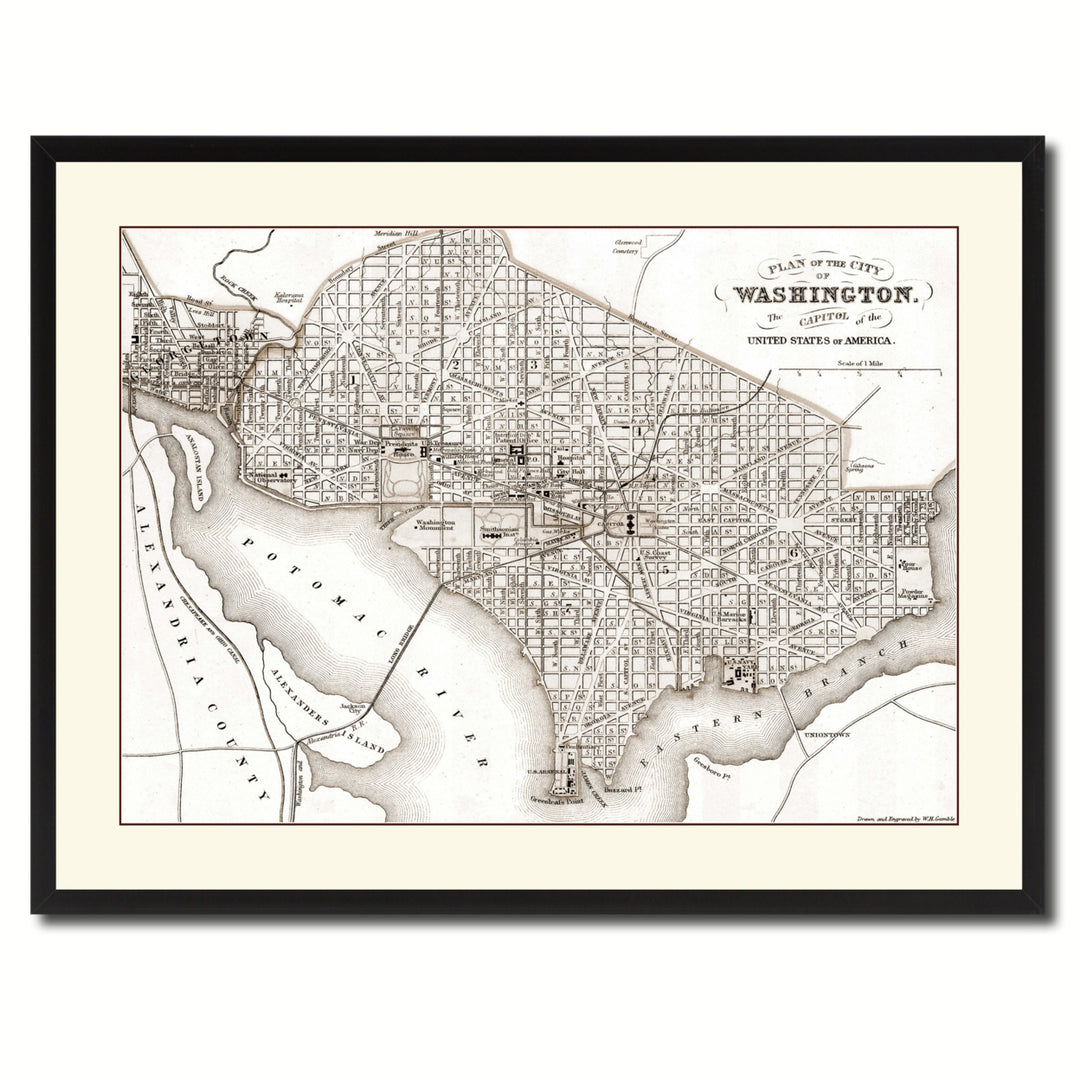 Washington DC Vintage Sepia Map Canvas Print with Picture Frame Gifts  Wall Art Decoration Image 3