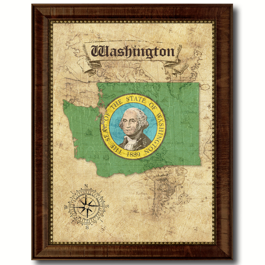 Washington State Flag  Vintage Map Canvas Print with Picture Frame  Wall Art Decoration Gift Ideas Image 1