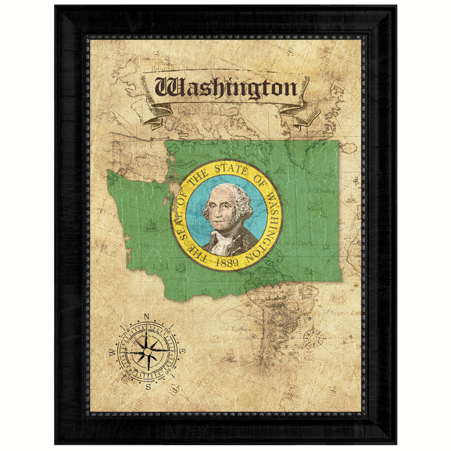 Washington State Flag  Vintage Map Canvas Print with Picture Frame  Wall Art Decoration Gift Ideas Image 1