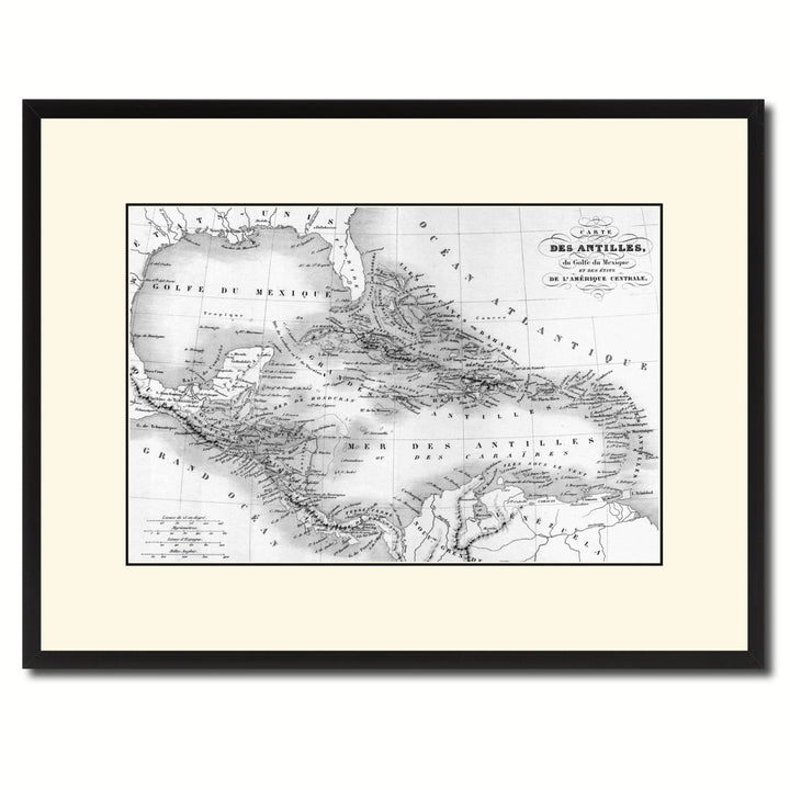 West Indies Caribbean Vintage BandW Map Canvas Print with Picture Frame  Wall Art Office Decoration Gift Ideas Image 1