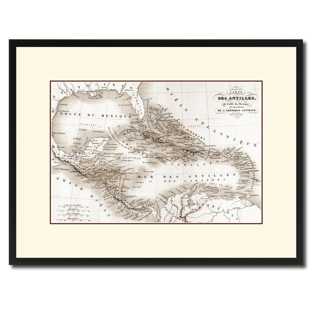 West Indies Caribbean Vintage Sepia Map Canvas Print with Picture Frame Gifts  Wall Art Decoration Image 1