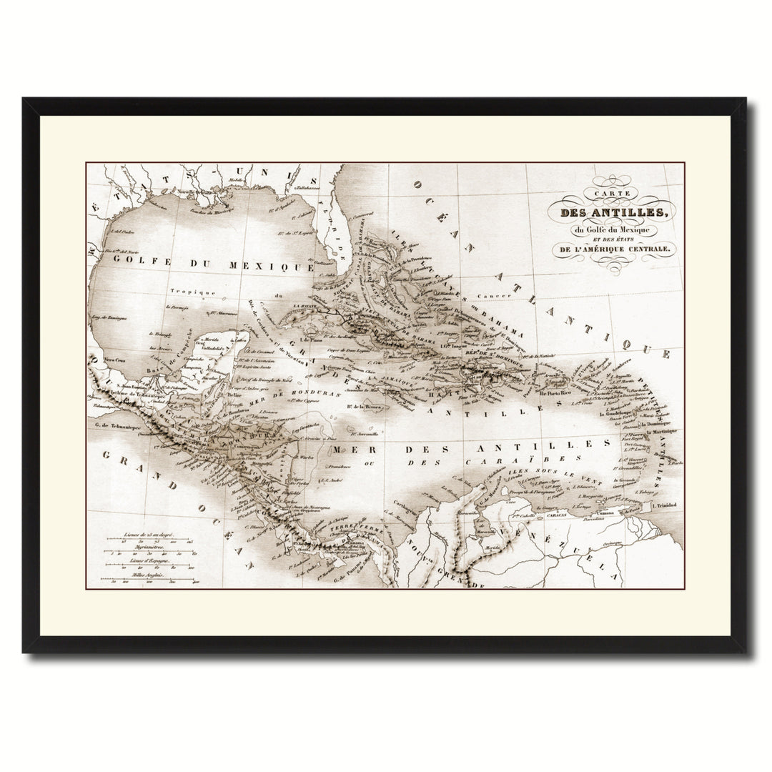 West Indies Caribbean Vintage Sepia Map Canvas Print with Picture Frame Gifts  Wall Art Decoration Image 3