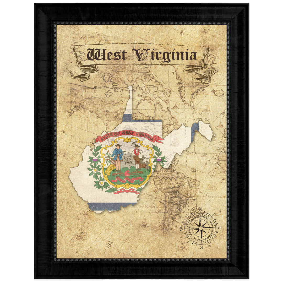 West Virginia State Flag  Vintage Map Canvas Print with Picture Frame  Wall Art Decoration Gift Ideas Image 1