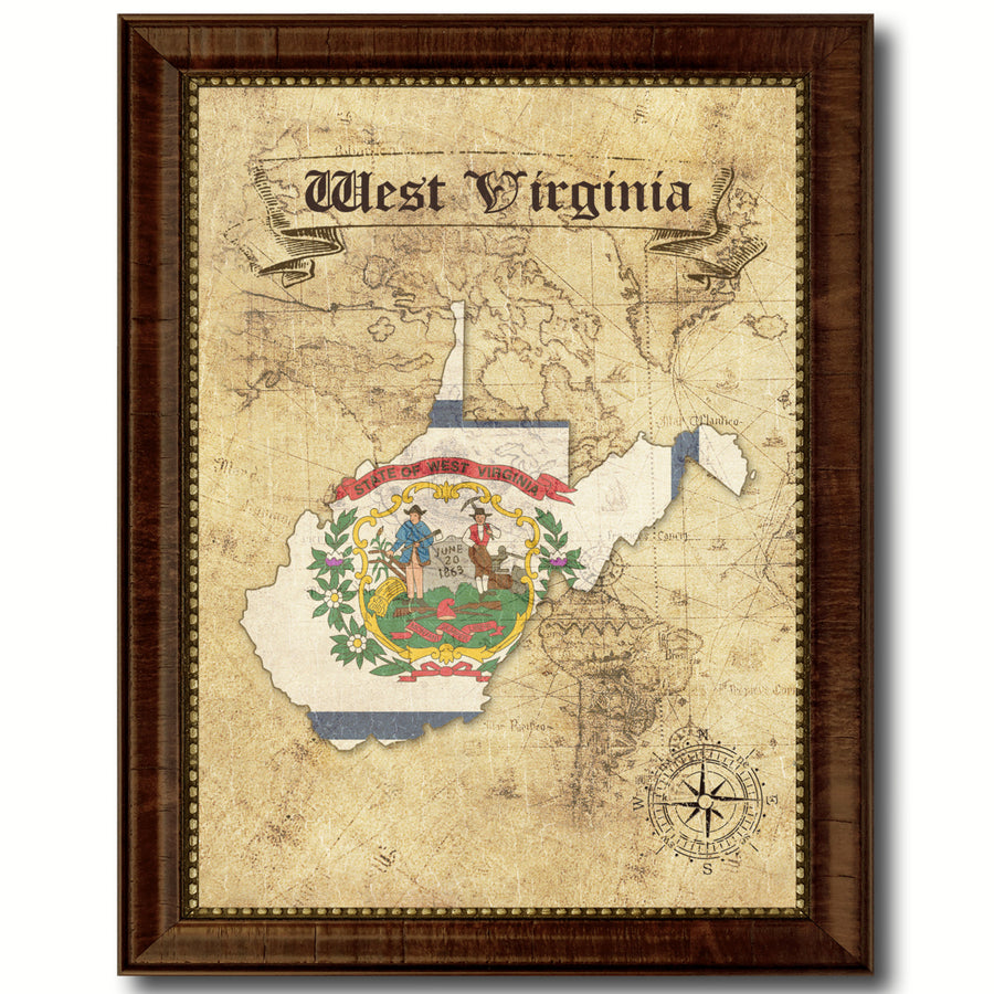 West Virginia State Flag  Vintage Map Canvas Print with Picture Frame  Wall Art Decoration Gift Ideas Image 1