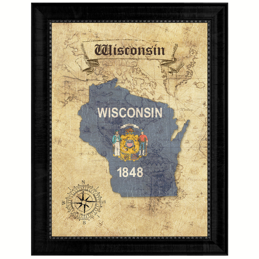 Wisconsin State Flag  Vintage Map Canvas Print with Picture Frame  Wall Art Decoration Gift Ideas Image 1