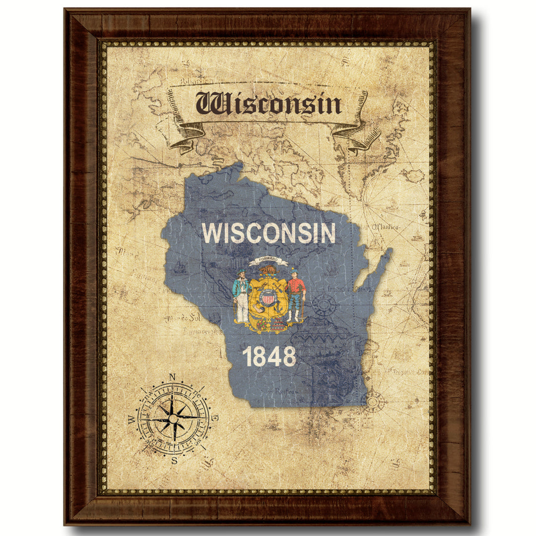 Wisconsin State Flag  Vintage Map Canvas Print with Picture Frame  Wall Art Decoration Gift Ideas Image 1