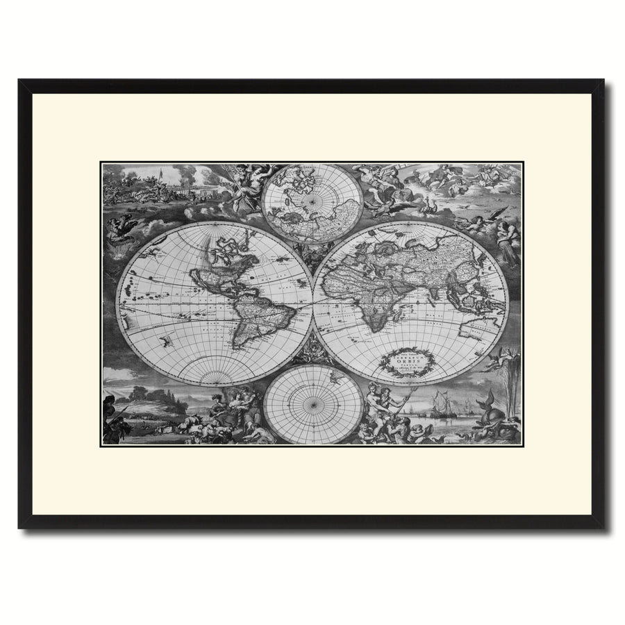 World Hemispheres Vintage BandW Map Canvas Print with Picture Frame  Wall Art Gift Ideas Image 1
