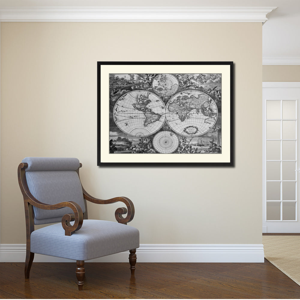 World Hemispheres Vintage BandW Map Canvas Print with Picture Frame  Wall Art Gift Ideas Image 2