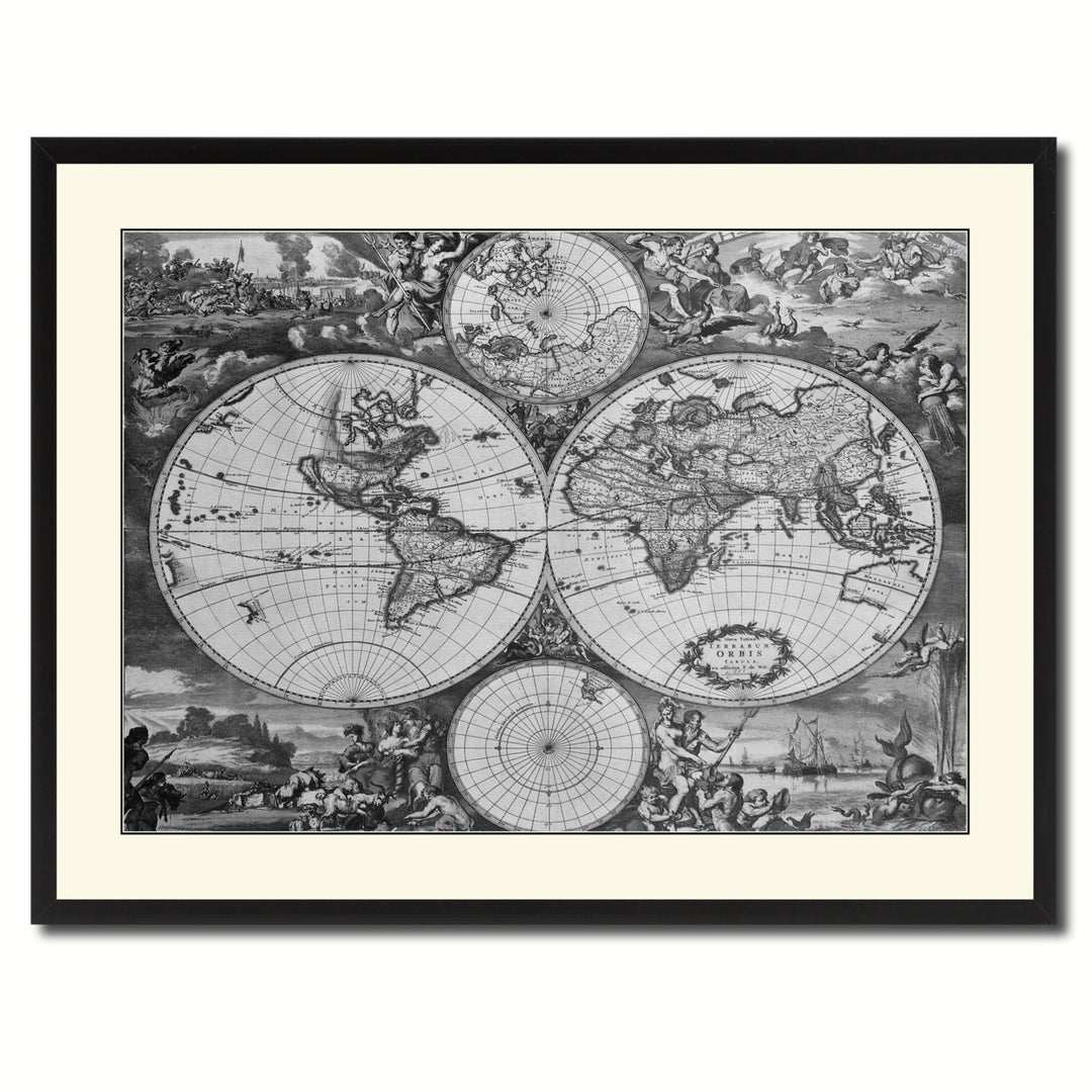 World Hemispheres Vintage BandW Map Canvas Print with Picture Frame  Wall Art Gift Ideas Image 3