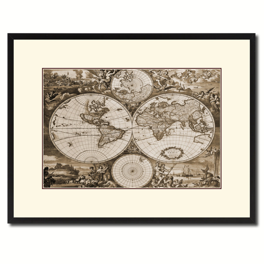 World Hemispheres Vintage Sepia Map Canvas Print with Picture Frame Gifts  Wall Art Decoration Image 1