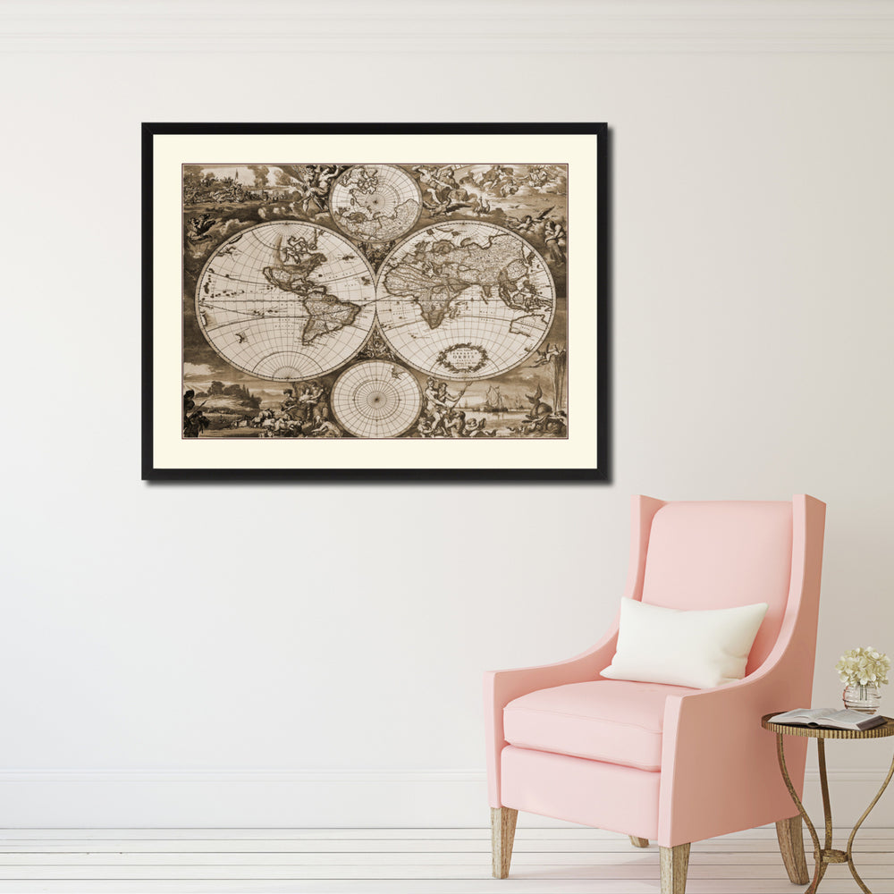 World Hemispheres Vintage Sepia Map Canvas Print with Picture Frame Gifts  Wall Art Decoration Image 2